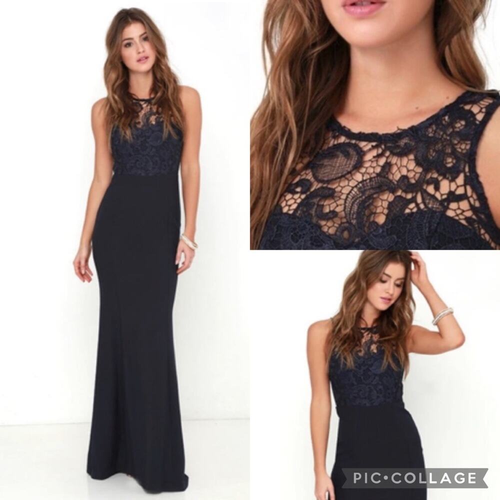 NWT Lulu's Oak and Elm Navy Blue Lace Mermaid Maxi Dress Size S